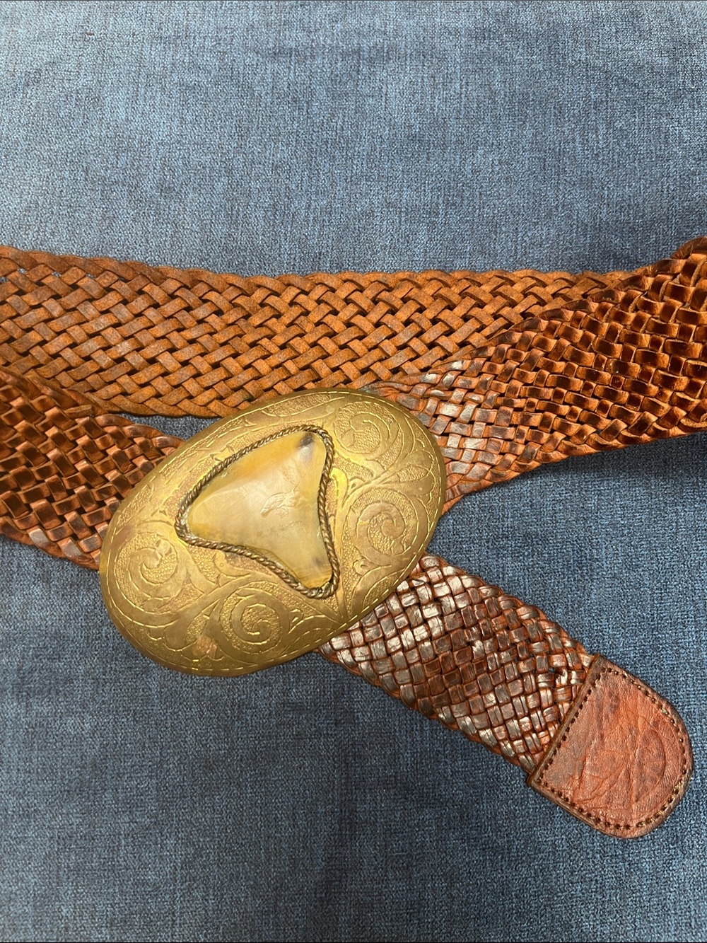 Dairi Moroccan Woven Leather Belt with Etched Brass Buckle and Stone